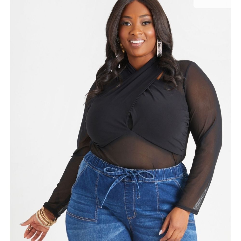 Ashley Stewart criss-cross mesh body suit